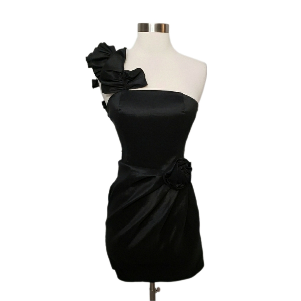 Forever 21 Small Black One Shoulder Ruffled Rosette Formal Party Cocktail Dress
